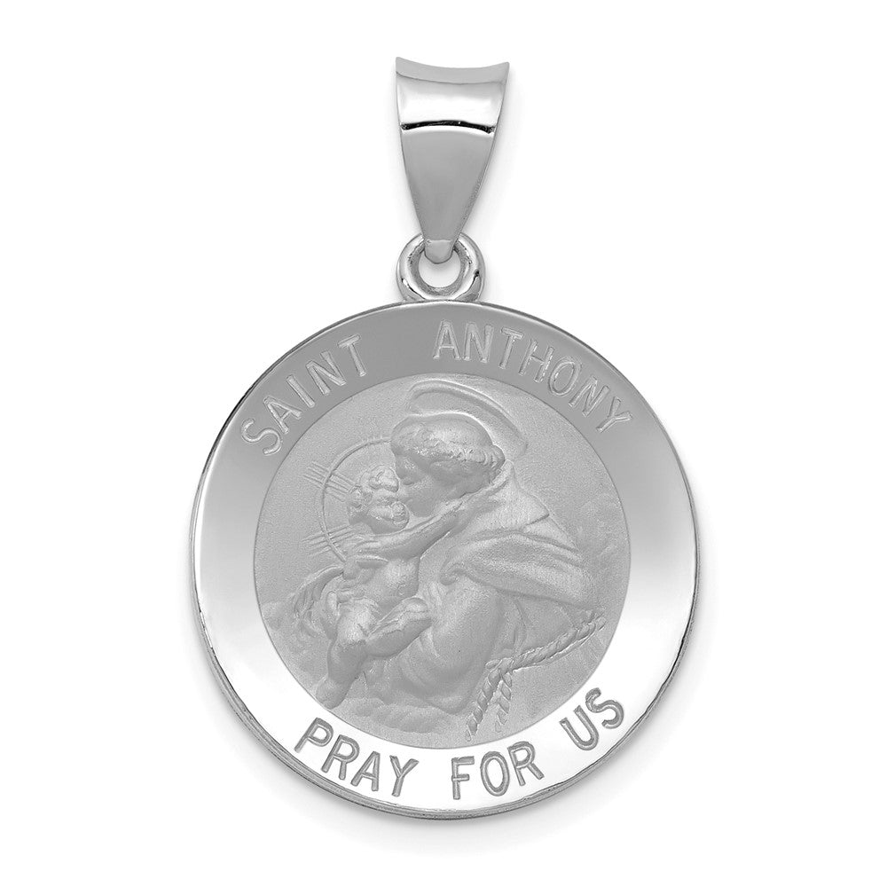 14k White Gold Polished Satin St. Anthony Medal Hollow Engravable Charm Pendant Jewelry Gifts (Length 1.09" Width 0.74")
