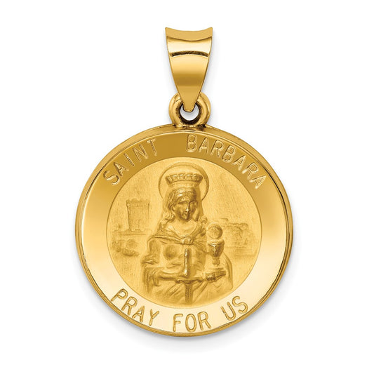 14k Yellow Gold Polished and Satin St. Barbara Medal Hollow Engravable Charm Pendant Jewelry Gifts (Length 1.03" Width 0.73")