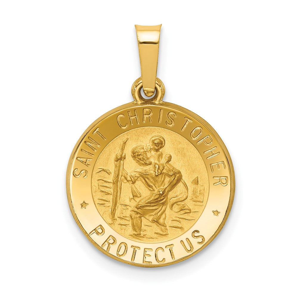 14k Yellow Gold Polished and Satin St. Christopher Medal Hollow Engravable Charm Pendant Jewelry Gifts (Length 0.83" Width 0.59")