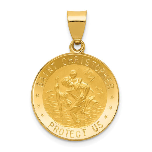14k Yellow Gold Polished and Satin St. Christopher Medal Hollow Engravable Charm Pendant Jewelry Gifts (Length 1.13" Width 0.77")