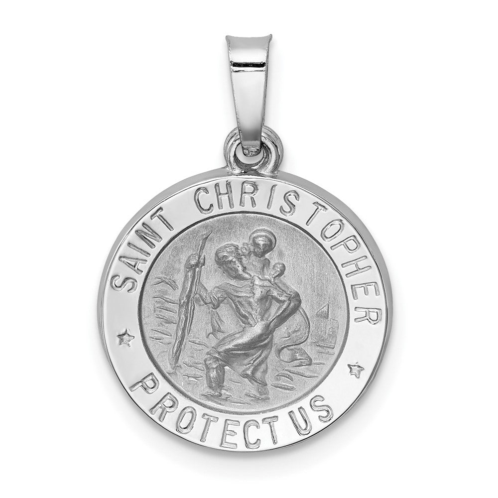14k White Gold Polished Satin St Christopher Medal Hollow Engravable Charm Pendant Jewelry Gifts (Length 0.83" Width 0.59")