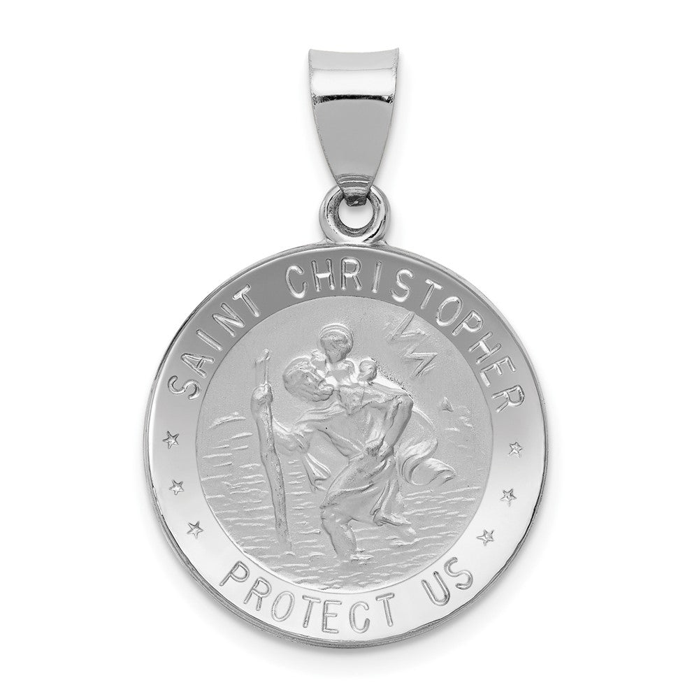 14k White Gold Polished Satin St Christopher Medal Hollow Engravable Charm Pendant Jewelry Gifts (Length 1.13" Width 0.77")