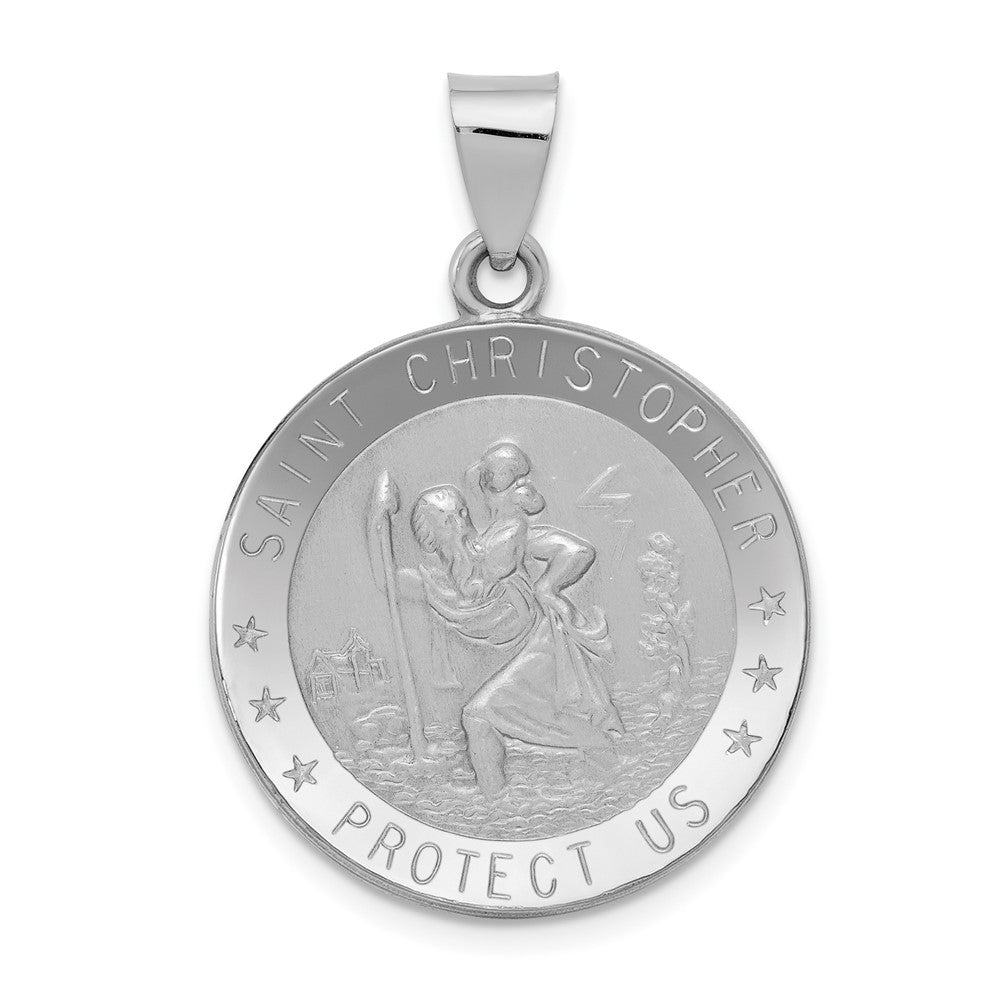14k White Gold Polished Satin St Christopher Medal Hollow Engravable Charm Pendant Jewelry Gifts (Length 1.25" Width 0.89")