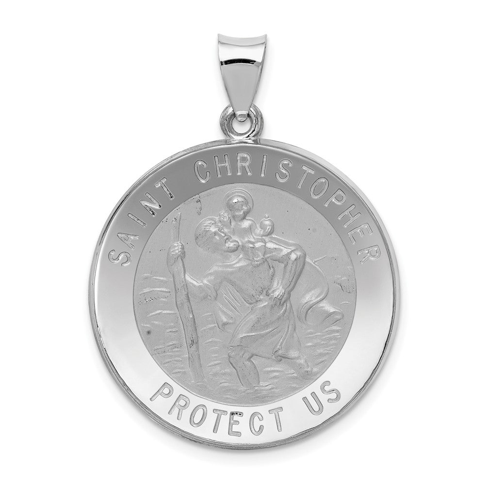 14k White Gold Polished Satin St Christopher Medal Hollow Engravable Charm Pendant Jewelry Gifts (Length 1.37" Width 1.03")