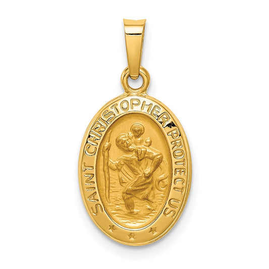 14k Yellow Gold Polished and Satin St. Christopher Medal Hollow Engravable Charm Pendant Jewelry Gifts (Length 0.87" Width 0.44")