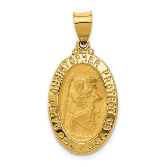 14k Yellow Gold Polished and Satin St. Christopher Medal Hollow Engravable Charm Pendant Jewelry Gifts (Length 1.23" Width 0.6")