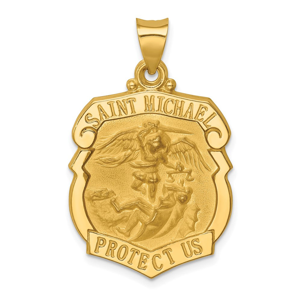 14k Yellow Gold Polished and Satin St. Michael Badge Medal Hollow Engravable Charm Pendant Jewelry Gifts (Length 1.09" Width 0.82")