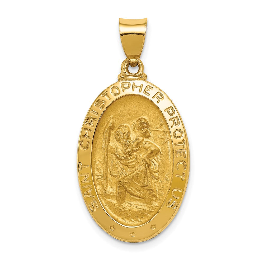 14k Yellow Gold Polished and Satin St Christopher Medal Hollow Engravable Charm Pendant Jewelry Gifts (Length 1.31" Width 0.66")