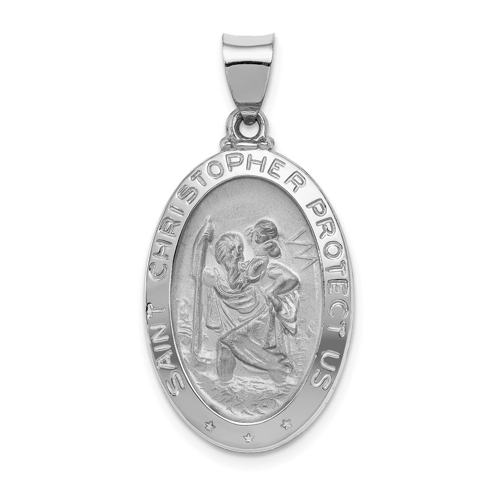 14k White Gold Polished Satin St Christopher Medal Hollow Engravable Charm Pendant Jewelry Gifts (Length 1.31" Width 0.66")