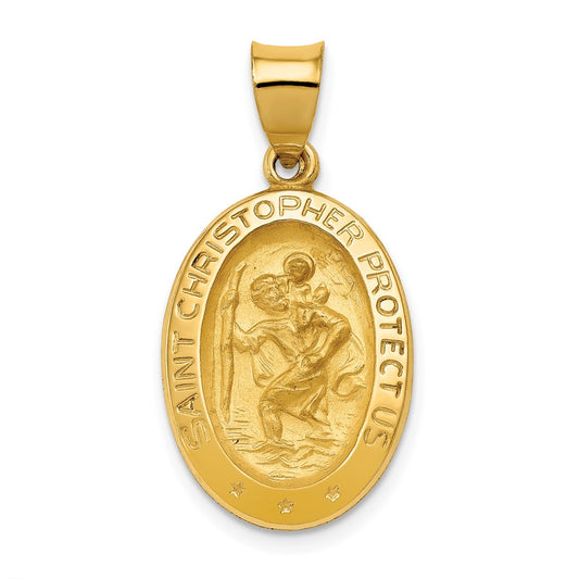 14k Yellow Gold Polished and Satin St Christopher Medal Hollow Engravable Charm Pendant Jewelry Gifts (Length 1.1" Width 0.59")