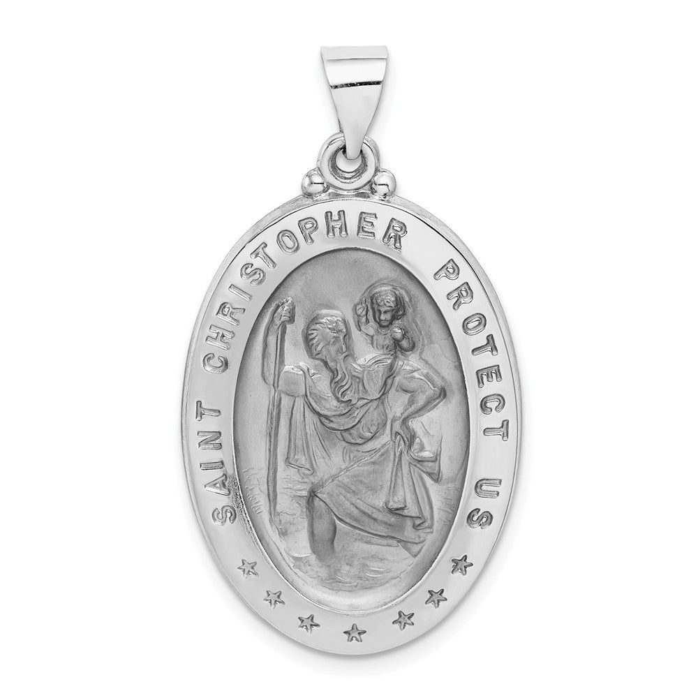 14k White Gold Polished Satin St Christopher Medal Hollow Engravable Charm Pendant Jewelry Gifts (Length 1.44" Width 0.82")