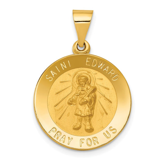 14k Yellow Gold Polished and Satin St Edward Medal Hollow Engravable Charm Pendant Jewelry Gifts (Length 1.04" Width 0.72")