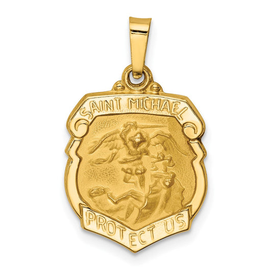 14k Yellow Gold Polished and Satin St Michael Badge Medal Hollow Engravable Charm Pendant Jewelry Gifts (Length 0.78" Width 0.55")