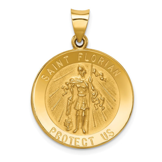 14k Yellow Gold Polished and Satin St Florian Medal Hollow Engravable Charm Pendant Jewelry Gifts (Length 1.19" Width 0.87")