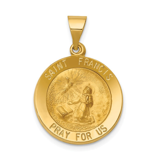 14k Yellow Gold Polished and Satin St Francis Medal Hollow Engravable Charm Pendant Jewelry Gifts (Length 1.04" Width 0.71")