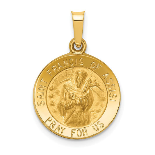 14k Yellow Gold Polished and Satin St Francis of Assisi Medal Hollow Engravable Charm Pendant Jewelry Gifts (Length 0.86" Width 0.6")