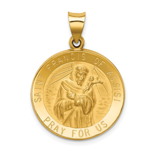 14k Yellow Gold Polished and Satin St Francis of Assisi Medal Hollow Engravable Charm Pendant Jewelry Gifts (Length 1.16" Width 0.85")