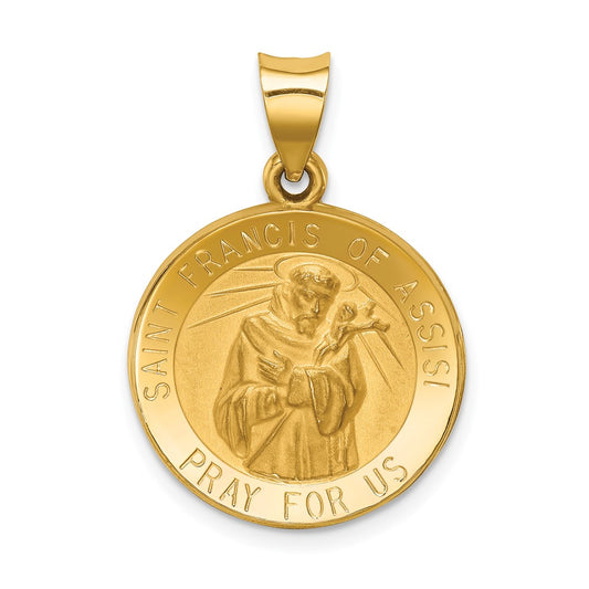 14k Yellow Gold Polished and Satin St Francis of Assisi Medal Hollow Engravable Charm Pendant Jewelry Gifts (Length 1.04" Width 0.74")