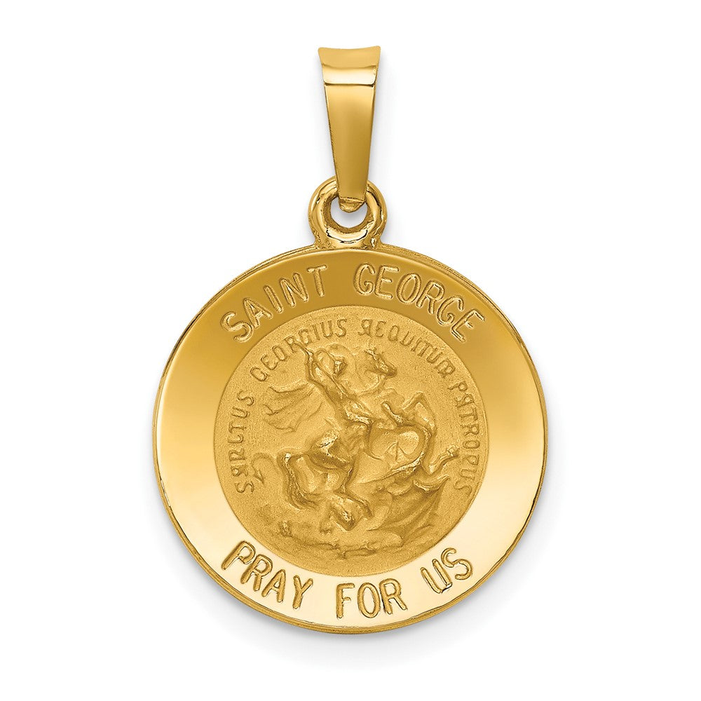 14k Yellow Gold Polished and Satin St George Medal Hollow Engravable Charm Pendant Jewelry Gifts (Length 0.86" Width 0.58")