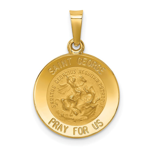 14k Yellow Gold Polished and Satin St George Medal Hollow Engravable Charm Pendant Jewelry Gifts (Length 0.86" Width 0.58")