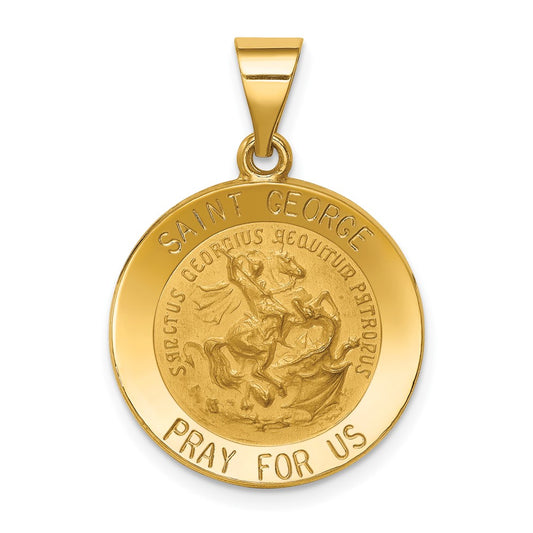 14k Yellow Gold Polished and Satin St George Medal Hollow Engravable Charm Pendant Jewelry Gifts (Length 1.06" Width 0.74")