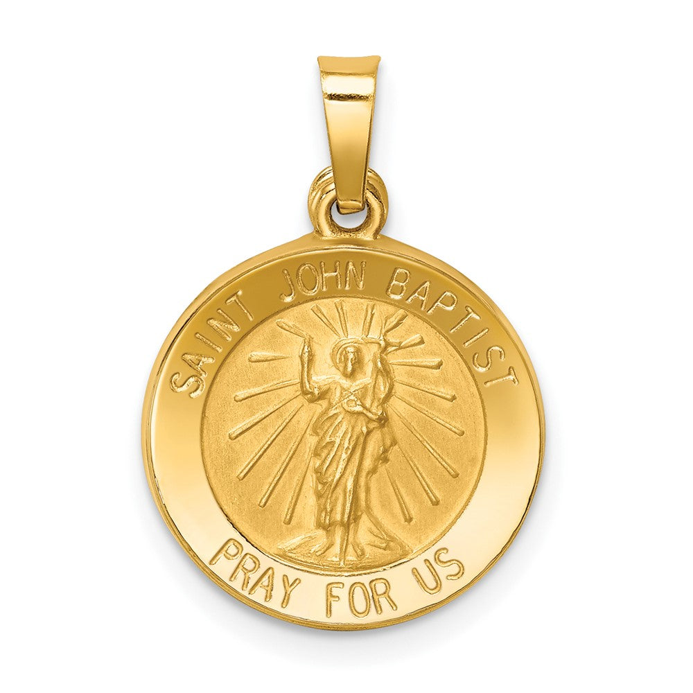 14k Yellow Gold Polished and Satin St John Baptist Medal Hollow Engravable Charm Pendant Jewelry Gifts (Length 0.82" Width 0.59")