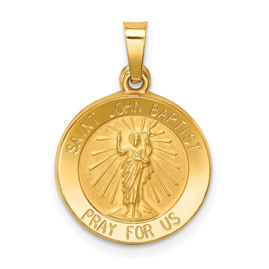 14k Yellow Gold Polished and Satin St John Baptist Medal Hollow Engravable Charm Pendant Jewelry Gifts (Length 0.82" Width 0.59")