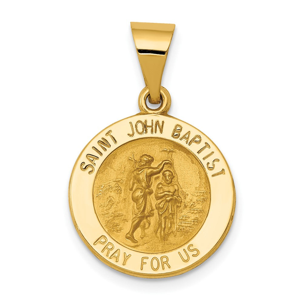 14k Yellow Gold Polished and Satin St John Baptist Medal Hollow Engravable Charm Pendant Jewelry Gifts (Length 0.94" Width 0.62")