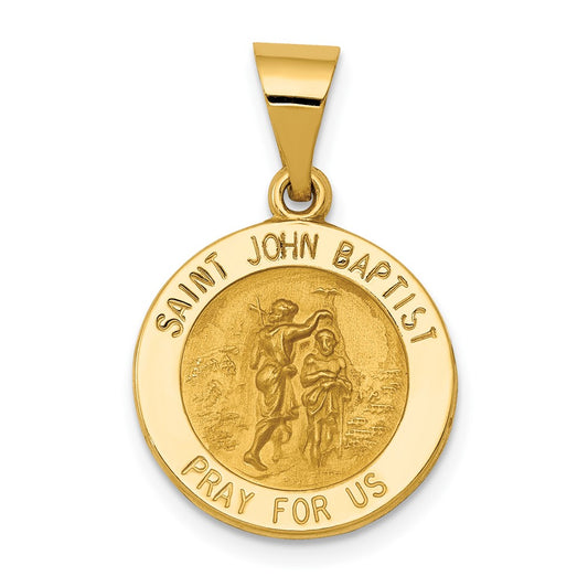 14k Yellow Gold Polished and Satin St John Baptist Medal Hollow Engravable Charm Pendant Jewelry Gifts (Length 0.94" Width 0.62")