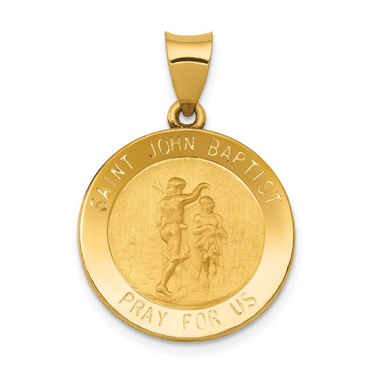 14k Yellow Gold Polished and Satin St John Baptist Medal Hollow Engravable Charm Pendant Jewelry Gifts (Length 1.07" Width 0.74")