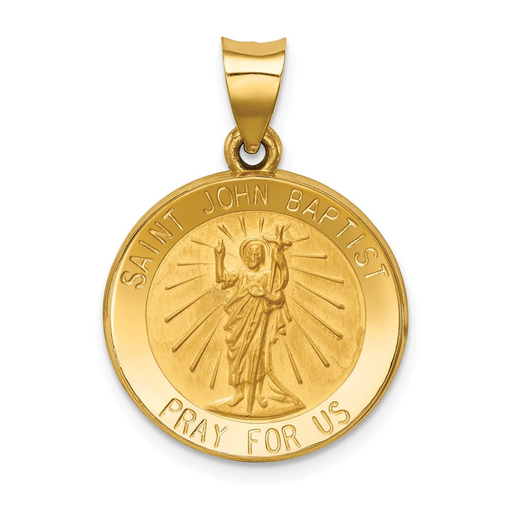 14k Yellow Gold Polished and Satin St John Baptist Medal Hollow Engravable Charm Pendant Jewelry Gifts (Length 1.05" Width 0.74")