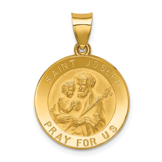 14k Yellow Gold Polished and Satin St Joseph Medal Hollow Engravable Charm Pendant Jewelry Gifts (Length 1.05" Width 0.73")