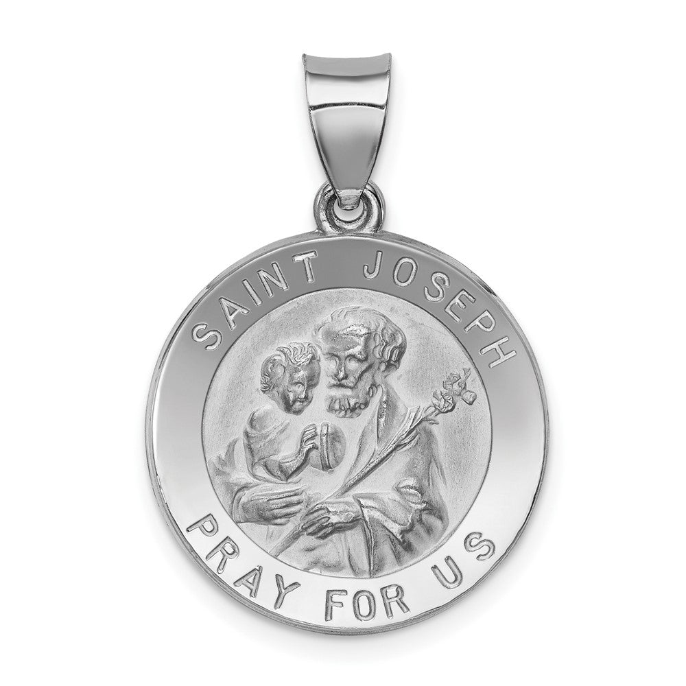 14k White Gold Polished and Satin St Joseph Medal Hollow Engravable Charm Pendant Jewelry Gifts (Length 1.05" Width 0.73")