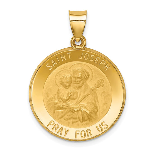 14k Yellow Gold Polished and Satin St Joseph Medal Hollow Engravable Charm Pendant Jewelry Gifts (Length 1.17" Width 0.87")