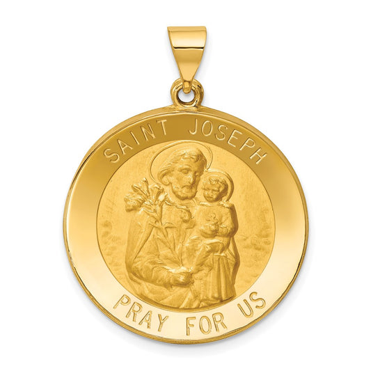 14k Yellow Gold Polished and Satin St Joseph Medal Hollow Engravable Charm Pendant Jewelry Gifts (Length 1.31" Width 1.01")