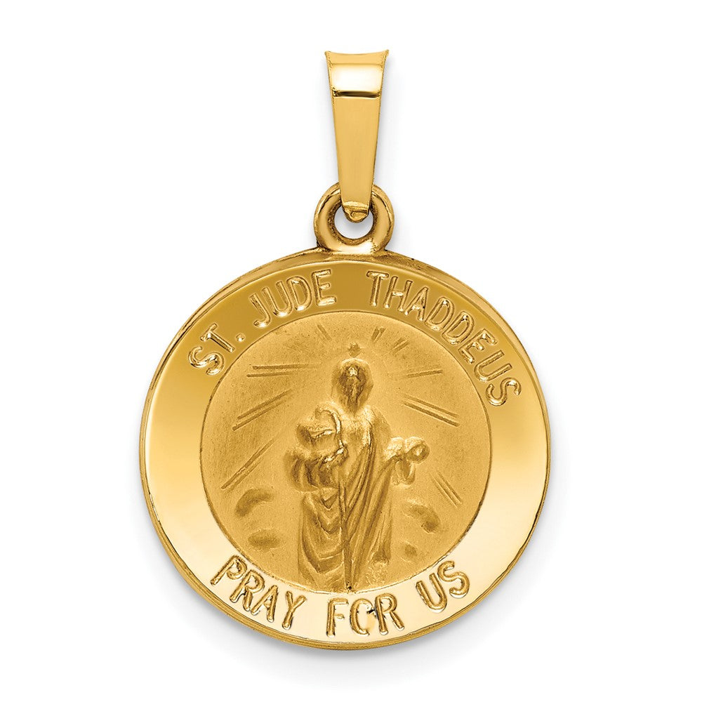 14k Yellow Gold Polished and Satin St Jude Thaddeus Medal Hollow Engravable Charm Pendant Jewelry Gifts (Length 0.86" Width 0.59")