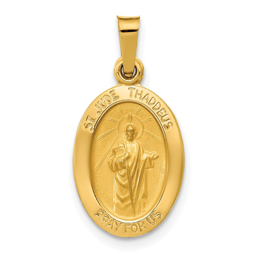 14k Yellow Gold Polished and Satin St Jude Thaddeus Medal Hollow Engravable Charm Pendant Jewelry Gifts (Length 0.86" Width 0.43")