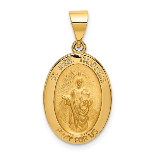 14k Yellow Gold Polished and Satin St Jude Thaddeus Medal Hollow Engravable Charm Pendant Jewelry Gifts (Length 1.03" Width 0.53")