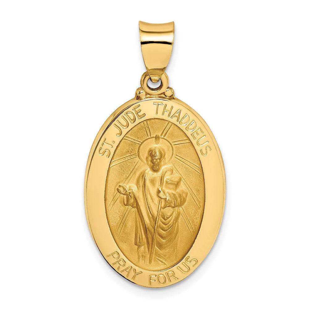 14k Yellow Gold Polished and Satin St Jude Thaddeus Medal Hollow Engravable Charm Pendant Jewelry Gifts (Length 1.23" Width 0.64")