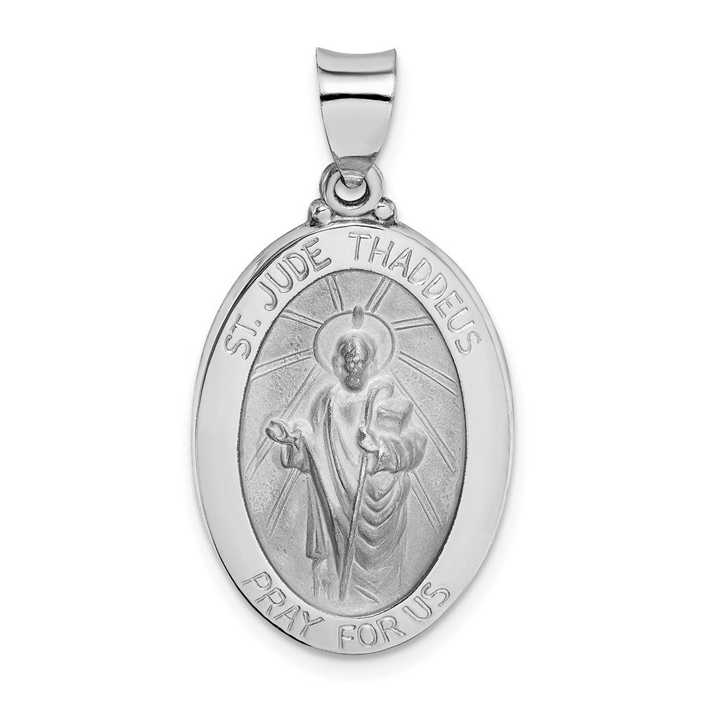 14k White Gold Polish Satin St Jude Thaddeus Medal Hollow Engravable Charm Pendant Jewelry Gifts (Length 1.23" Width 0.64")