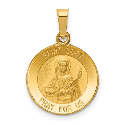 14k Yellow Gold Polished and Satin St Lucy Medal Hollow Engravable Charm Pendant Jewelry Gifts (Length 0.86" Width 0.59")