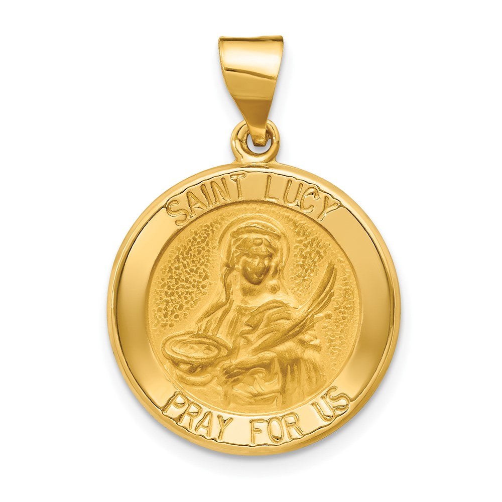 14k Yellow Gold Polished and Satin St Lucy Medal Hollow Engravable Charm Pendant Jewelry Gifts (Length 1.03" Width 0.72")