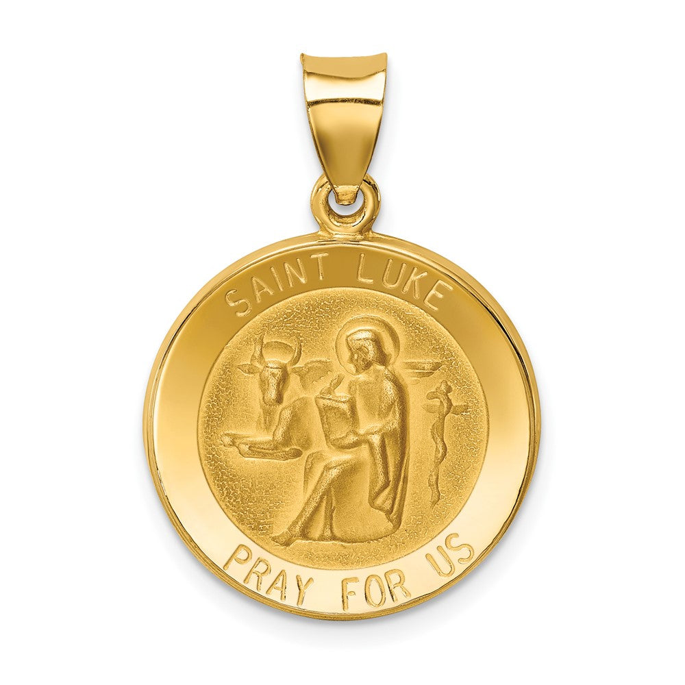 14k Yellow Gold Polished and Satin St Luke Medal Hollow Engravable Charm Pendant Jewelry Gifts (Length 1.05" Width 0.74")