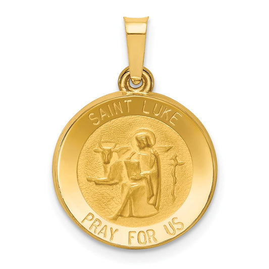 14k Yellow Gold Polished and Satin St Luke Medal Hollow Engravable Charm Pendant Jewelry Gifts (Length 0.85" Width 0.59")