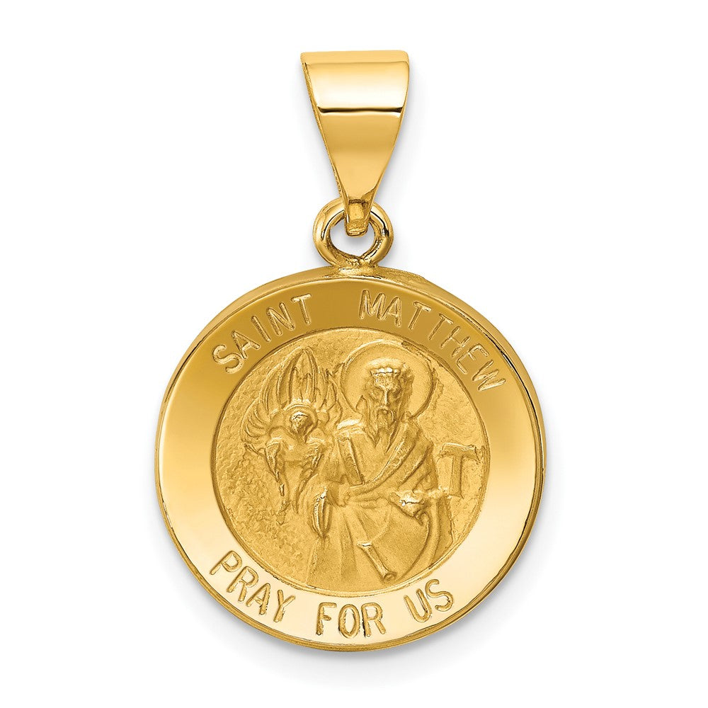 14k Yellow Gold Polished and Satin St Matthew Medal Hollow Engravable Charm Pendant Jewelry Gifts (Length 0.66" Width 0.59")