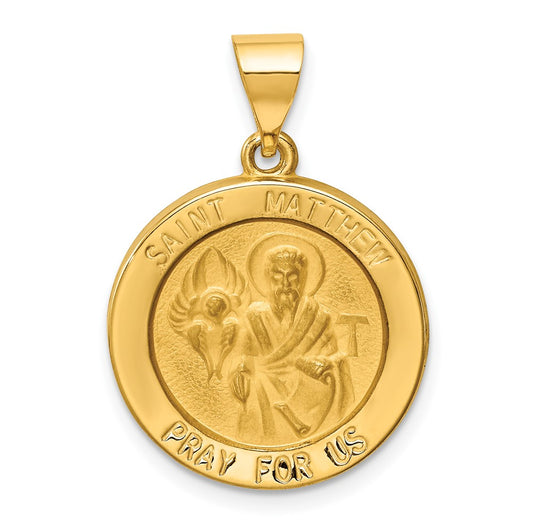 14k Yellow Gold Polished and Satin St Matthew Medal Hollow Engravable Charm Pendant Jewelry Gifts (Length 0.86" Width 0.74")
