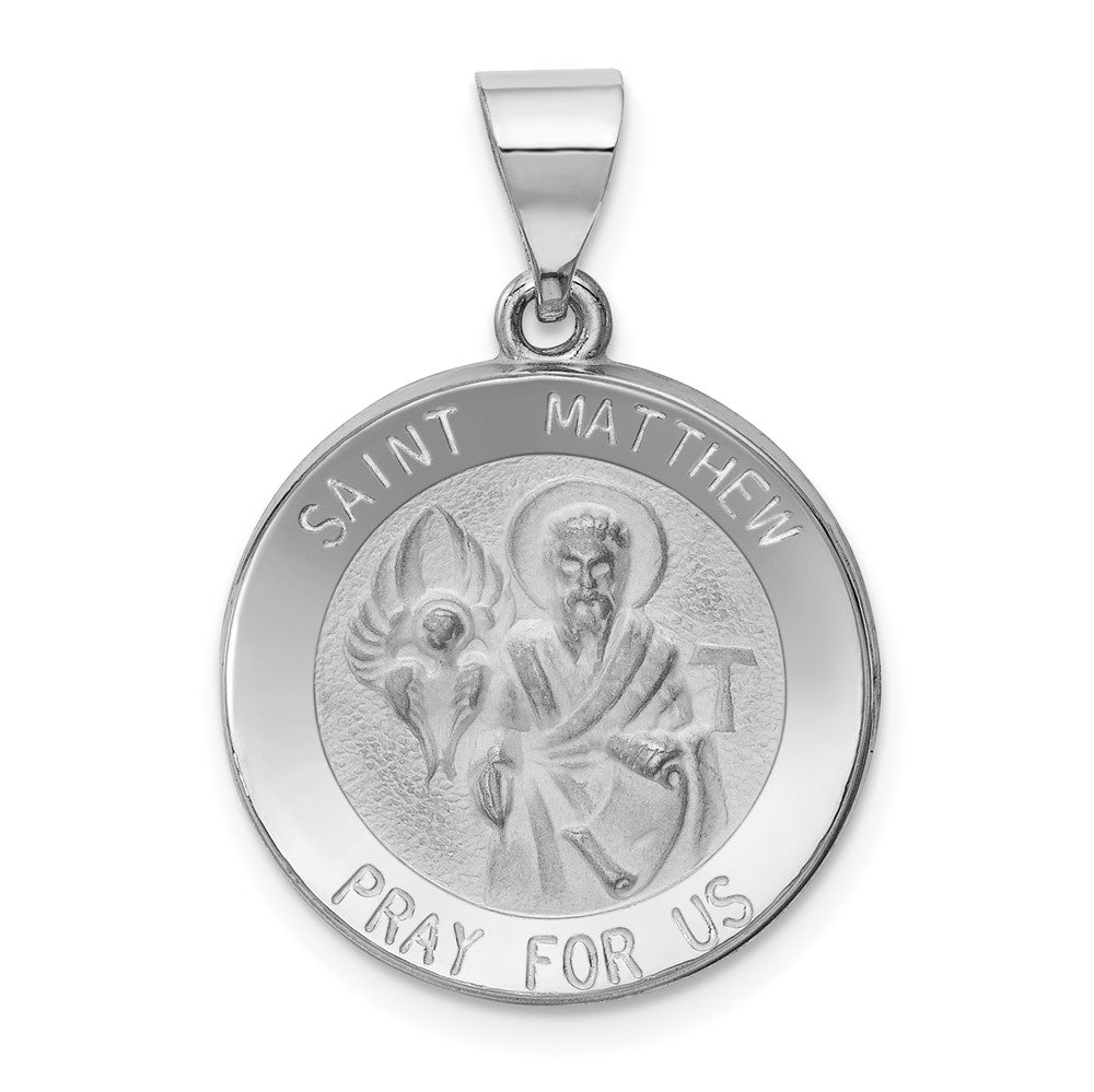 14k White Gold Polished and Satin St Matthew Hollow Engravable Charm Pendant Jewelry Gifts (Length 0.82" Width 0.74")