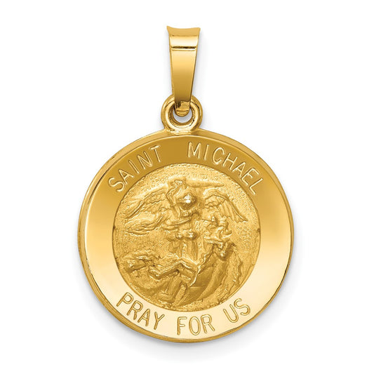 14k Yellow Gold Polished and Satin St Michael Medal Hollow Engravable Charm Pendant Jewelry Gifts (Length 0.66" Width 0.59")