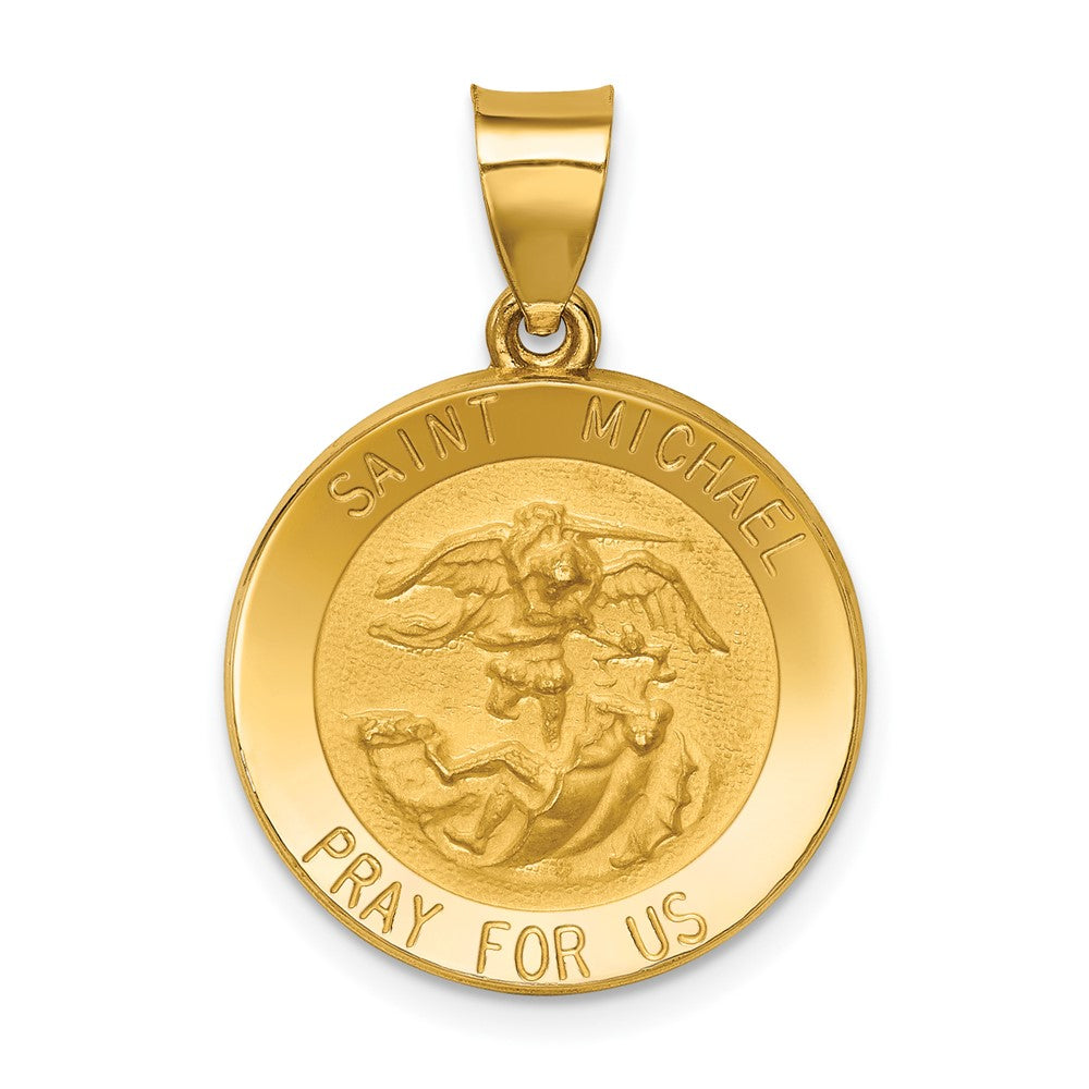14k Yellow Gold Polished and Satin St Michael Medal Hollow Engravable Charm Pendant Jewelry Gifts (Length 0.82" Width 0.7")