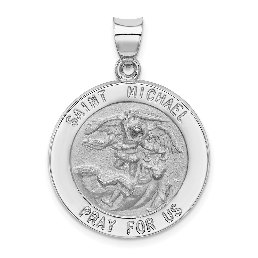 14k White Gold Polished Satin St Michael Medal Hollow Engravable Charm Pendant Jewelry Gifts (Length 0.98" Width 0.9")